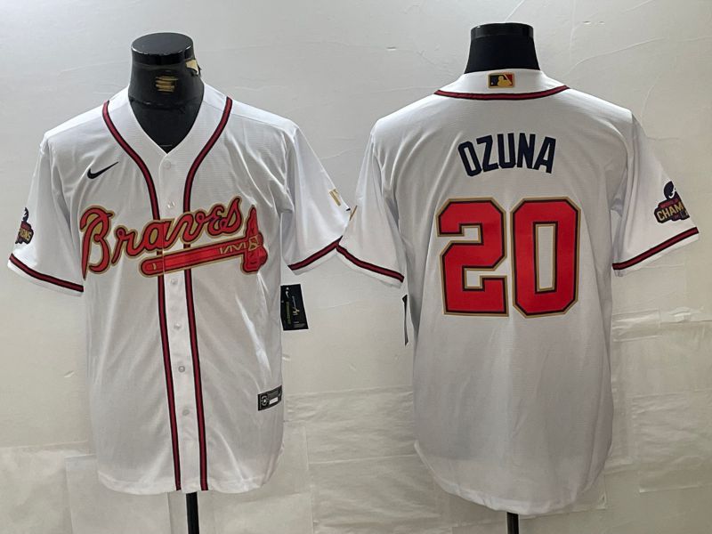 Men Atlanta Braves #20 Ozuna White gold Champion 2024 Nike MLB Jersey style 1